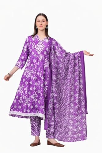 Image of Ethnic Villa Traditional Floral Anarkali Suit with Dupatta, 3 Sleeve Cotton Dress Set, Printed Kurta Palazzo with Dupatta Set (Pack of 1)