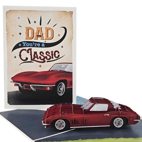 iGifts And Cards Classic Car Pop-Up Father's Day Card – 3D Red Vintage Racecar, Bday Gift for Dad, Muscle Convertible Lovers, 5