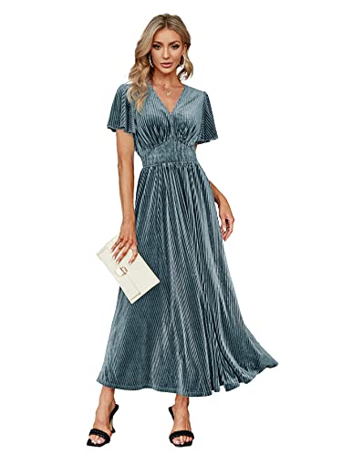 Image of Simplee Women's V Neck Velvet Maxi Dress Short Sleeve Empire Waist Long Formal Dress for Wedding Guest