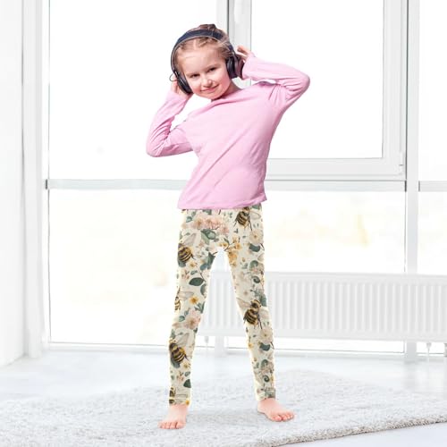 Boccsty Watercolor Flowers Green Leaves Yellow Bees Girls Leggings Kids Yoga Pants Dance Active Tights 4T4