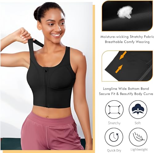 Image of Fabluk Women's Medium Impact Front Zip Sports Bra - Longline Fitness Crop Top with Criss-Cross Back, Wire-Free Yoga & Workout Tank, Sizes M-2XL