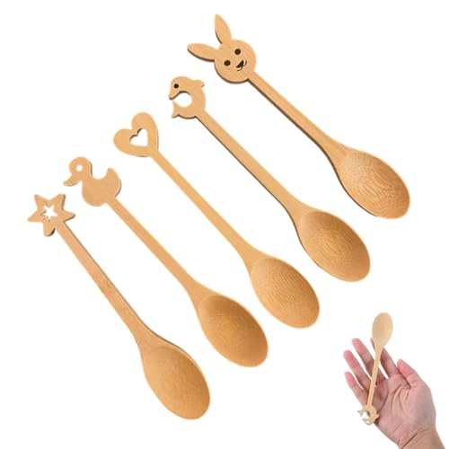 OUDQFCJ 5 cucchiai in bambù di alta qualità per bambini, cucchiaini da cucina con disegni animati (cuore, pentagono, anatra, delfino, coniglio), per cucinare e cuocere (16 cm)