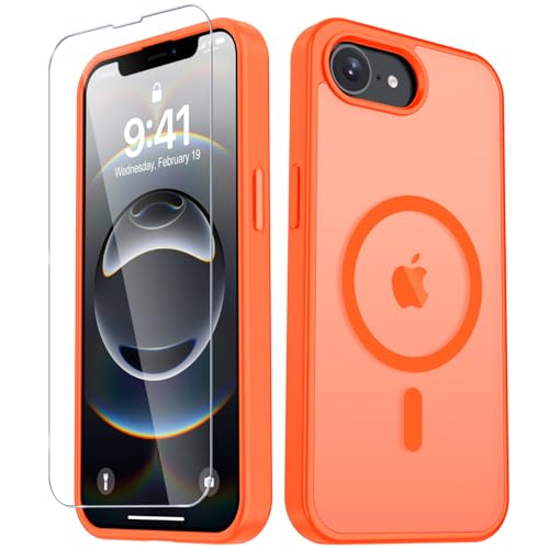 Image of YENAPOON for iPhone 17e Case, iPhone 16e Case, Matte Magnetic Phone Cover [with 1 Screen Protector] [Support for MagSafe] [Shockproof Military Grade Protection] Translucent Frosted Back, Orange