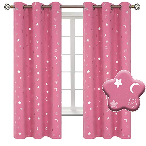 BGment Moon and Stars Blackout Curtains for Girls Bedroom, Grommet Thermal Insulated Room Darkening Printed Kids Curtains, 2 Panels of 42 x 63 Inch, Pink