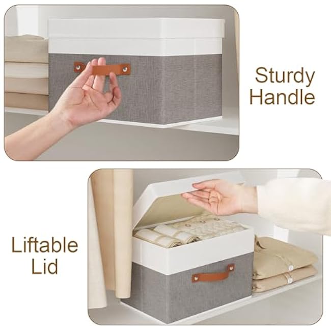 Fabric Storage Boxes with Lids, Linen Foldable Cloth Baskets, Closet Organizer Containers with Double Handles, Sweater Bins for Bedroom, White and Grey, 1 Pack, 13 x 9.1 x 7.9 Inch