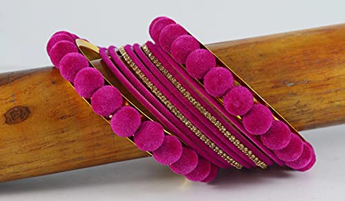 Image of NMII Stylish Metal with Golden Zircon Stone & Velvet Balls Bangles Set For Women and Girls | Fancy Designer Bangles | Short Velvet Chuda Set | Women's Fashion Jewellery
