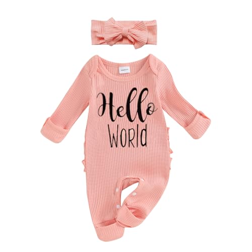 Image of FIOMVA Im New Here Newborn Outfit Girl Long Sleeve Letter Romper Ribbed Knit Jumpsuit Baby Girl Preemie Coming Home Outfit
