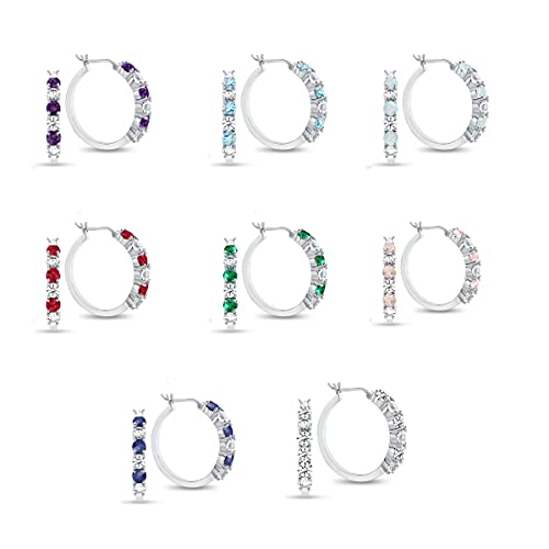 Gemstone and Lab-Created White Sapphire Hoop Earrings, Alternating Stones, Birthstone Jewelry, Sterling Silver (3mm Stone)3