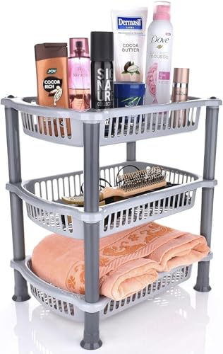 Image of Plastic 3 Layer Multi-Purpose Kitchen Storage Basket Rack|Vegetable Basket For Kitchen (colour : gray)