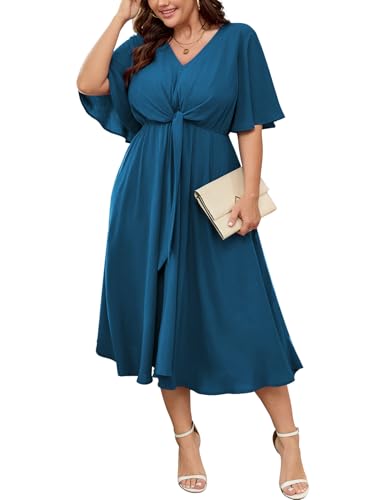 Image of SCOMCHIC Women Plus Size Midi Dresses Wedding Guest Short Sleeve V Neck Tie Waist Casual Summer Flowy A Line Dress