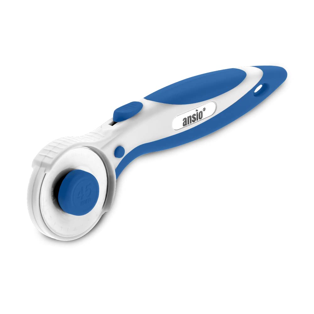 ANSIO Rotary Cutter with Safety Lock, Sewing Accessories Perfect for Cutting Fabric, Leather, Paper, Quilting, Crafting, Ergonomic Handle Rolling Cutter Perfect for Left&Right Hand, 45mm-True Blue