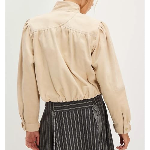 Fall Faux Suede Jackets for Women Long Sleeve Banded Collar Bubble Hem Button Down Cropped Coat with Side Pockets2