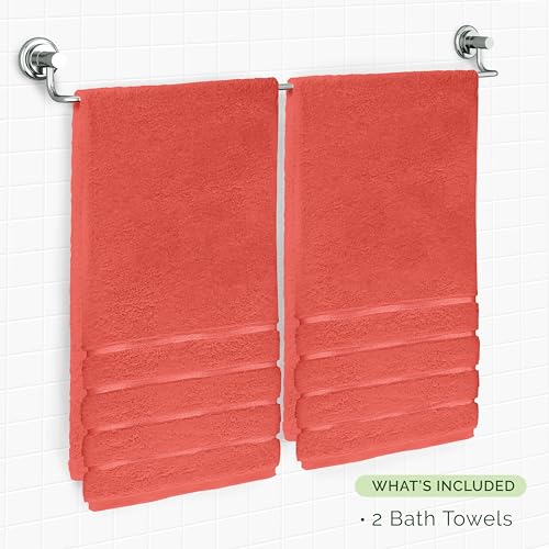 Image of Elegant Comfort 100% Turkish Cotton 4 Lines Viscose Stripe Luxury 2 Pack Bath Towel Set 27 x 54 Inch - Super Soft and Highly Absorbent Premium Hotel Spa Quality Towels for Bathroom Use, Coral