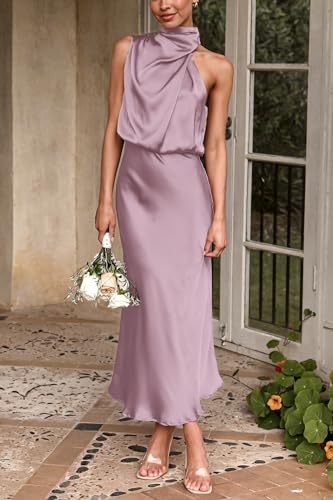 Image of PRETTYGARDEN Women's 2026 Summer Satin Dress Elegant Sleeveless Mock Neck Cocktail Party Maxi Dresses