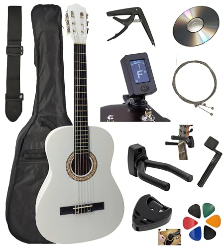 AMBRE Pack Guitare Classique 3/4 (Enfant 8-12 ans) + 10 Accessoires (Housse, Support Mural, Accordeur, Sangle, Capodastre, Cordes, 6 Médiators, Boîte,...
