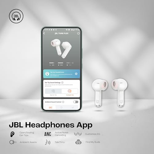 Image of JBL Tune Flex in Ear Wireless TWS Earbuds with Mic, ANC Earbuds, Customized Extra Bass with Headphones App, 32 Hrs Battery, 4-Mics, IPX4, Ambient Aware, Bluetooth 5.2 (White)