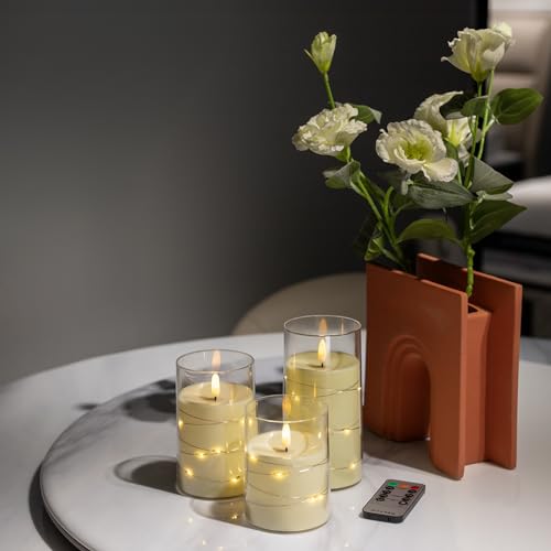 Image of White Flameless Candles with String Lights, Set of 3 | Acrylic Shell, Embedded Fairy Lights, Remote 2 /4 /6 /8H Timer, Battery Operated LED Pillar Candles