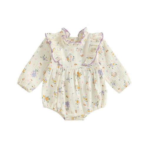 Emmababy Linen Bubble Romper Baby Girl Floral Smocked Romper Long Sleeve Ruffle Bodysuit Newborn Infant Fall Winter Clothes