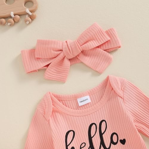 Newborn Outfits Baby Girl Hello I'm New Here Letter Long Sleeve Footies Romper Fall Winter Clothes with Headband3