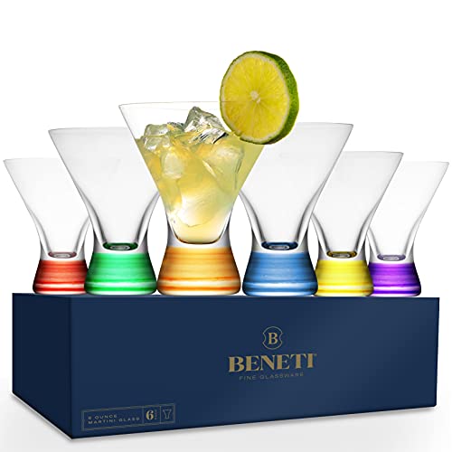 European Made Cocktail Glasses 8-Ounces Martini Glasses with Attractive Colorful Base [6 PACK] Elegant Colored Glasses for Cocktails, Martini Party Glasses, Cosmopolitan Glasses for Manhattan, Brandy