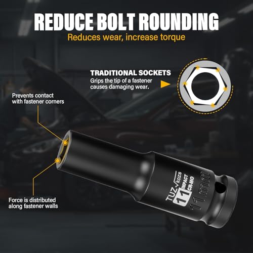 Image of 1 /2 Inch Drive 11mm Deep Metric Impact Socket,CR-MO,6 Point Radius Corner Design,Square Chamfered Opening,Axle Nut Impact Grade Socket for Easy Removal