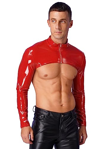 Hedmy Mens PVC Leather Wet Look Long Sleeves Tank Top Shirt Half Shrug Muscle Top Harness Clubwear3