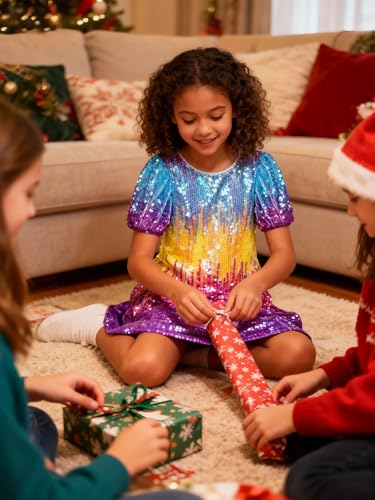 Image of WELAKEN Girls Ombre Sequin Dress Sparkly Fancy Short Puff Sleeves Gradient Party Dress