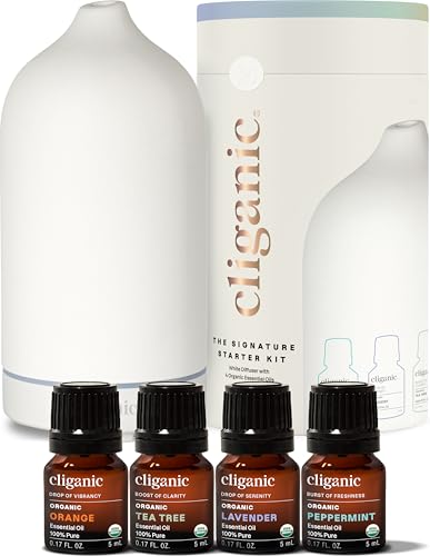 Cliganic Signature Essential Oils Diffuser Set – Aromatherapy Humidifier with LED for Home, Office & Bedroom Includes Peppermint, Lavender, Tea Tree & Orange Essential Oils Christmas Gift Kit