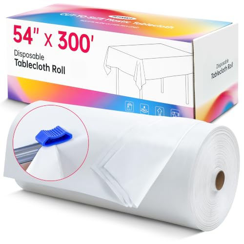 Image of Plastic Table Cloth Disposable, 54In X 300Ft White Table Cover Roll