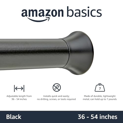 Image of Amazon Basics Adjustable Sturdy Spring Tension Curtain Rod, No Drilling /No Holes, 36-54 inch, Black, Classic Finial
