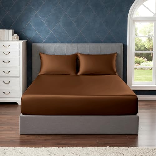 Image of Soft and Silk Satin Fitted Bedsheet for Single Size 36X75 +12 in - Elastic Fitted Sheet 400 TC Hotel Collection for Bedroom | Fitted Sheet with Pillow Cover - Brown, Single Bed