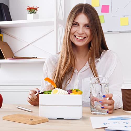 Sinnsally Lunch Box for Adult,1400ml Stackable Japanese Bento Lunch Box for Women,Lunch Containers with Food Compartments,Rectangle Bento Box with Cutlery Set,Leak-proof,Microwave Safe (White)