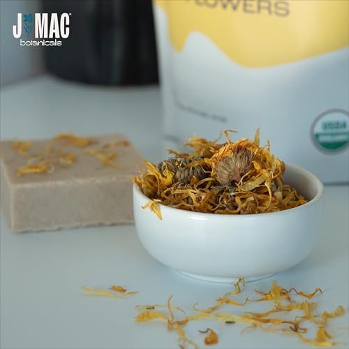 J Mac Botanicals, Organic Calendula Flower (16 ounce), whole dried flowers and petals, loose leaf tea, marigold flower, USDA Certified Organic. Great for loose leaf teas, cocktail bombs, salve