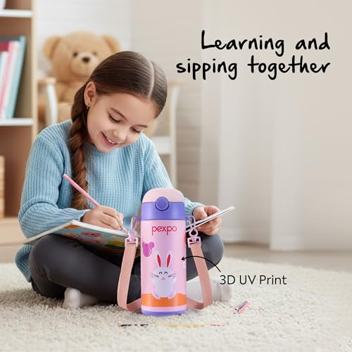 Image of Go24 pexpo Pixy ISI Certified Stainless Steel Water Bottle for School Kids - 300ml | Hot & Cold Vacuum Insulated Flask | Leak Proof | Carry Strap | School, Picnic, Sports - Baby Pink Rabbit