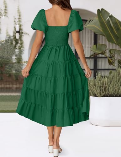Image of ZESICA Women's 2026 Summer Puff Sleeve Midi Dress 2026 Boho Solid High Waist Flowy Beach Wedding Guest Long Dresses