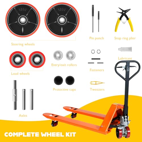 Image of Pallet Jack Wheels Kit for Most Hand Pallet Jacks- Complete Set with Steering Wheels 7 inchx 2 inch Pair, Load Roller 3 inch x 3.75 inch Pair, Entry Exit Rollers, Axles, Tools & Hardware - Red Polyurethane