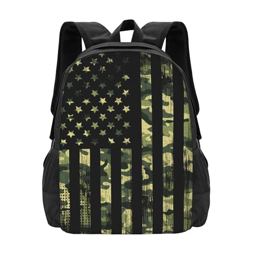 Green Camo Backpacks with American Flag Style for Kids Boys Girls for School Travel, Custom Book bags with Name/Text for Teens Adults Women Men, Personalized Daypack Travel Rucksack Laptop Bag