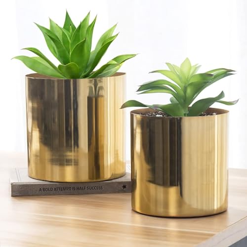 ecofynd Grace Metal Plant Pots (5 inch, 6 inch) | Small Decorative Modern Indoor Planters Flower Pots | Home Garden Decor Planter for Living Room Bedroom Interior (Pack of 2, Gold)