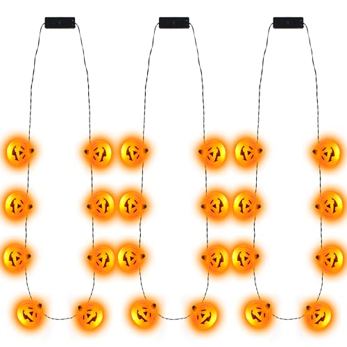 JOYIN 3 colares LED de Halloween em forma de abóbora, com 6 modos diferentes de luz intermitente para lembranças e suprimentos de festa, acessórios