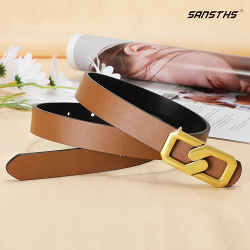 SANSTHS Fashion Women Reversible Belts for Dresses Jeans Pants, Two-in-one Skinny Belt for Women with Gold Buckle, S