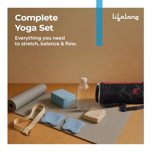 Image of Lifelong Yoga combo set of 6 For Men And Women I 4mm Yoga mat, 6ft Belt, Yoga block, 2 Knee Pad, gym bag