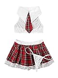 SweatyRocks Women's Schoolgirl Costume Sexy Lingerie Set Cosplay Student Top and Plaid Skirt Outfit White Red Small