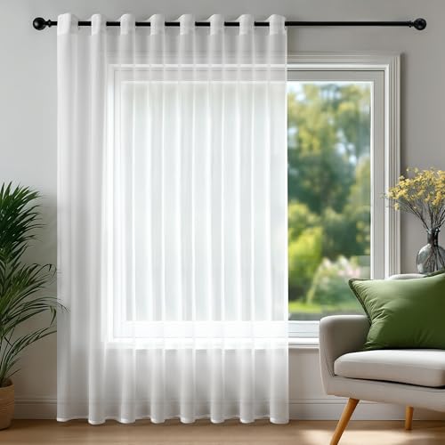 Deconovo White Sheer Curtain Panel 100 x 84 Inch, Ring Top with 16 White Rings, Semi-Transparent Terylene Voile, Light Filtering Window Drapery for Living Room/Bedroom, Single Panel