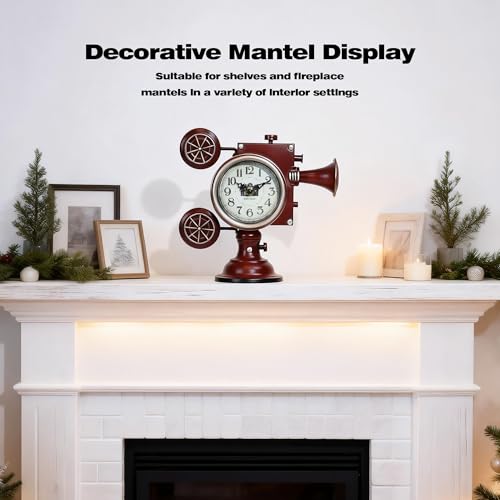 Image of AYRELY Vintage Industrial Film Projector Mantel Clock, Battery Operated Metal Shelf & Table Clock, Retro Home Decor Gift for Film Lovers, Living Room, Fireplace & Media Room