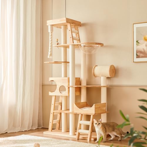 Image of Wood Cat Tree for Indoor Cats, Modern Cat Tower, Unique Cat Condo with House, Tall Luxury Furniture with Heavy Duty Wide Base, Kraft Paper Rope Scratching Post, Removable Cushion (74.8-inch)