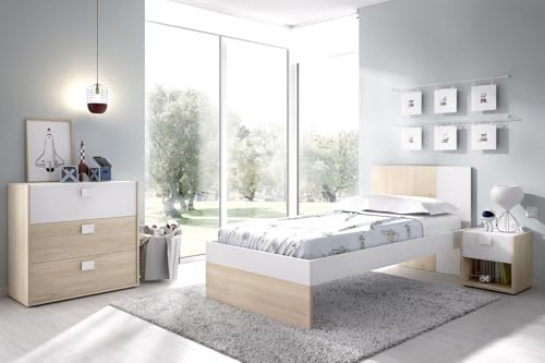 PEGANE Ensemble Chambre à Coucher complète (lit Adulte 190x90 cm avec 2 tiroirs + Table de Chevet + Commode) Coloris Blanc, chêne Naturel