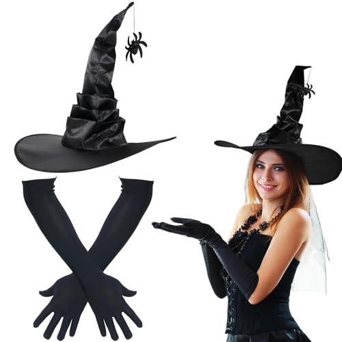 HSSPYY Hexenhut & Lange Handschuhe Set für Damen Faltbarer Satin-Hexenhut mit Spinnenanhänger & 45 cm Stretch-Handschuhen Elegantes Karneval & Fasching Kostümzubehör für Erwachsene