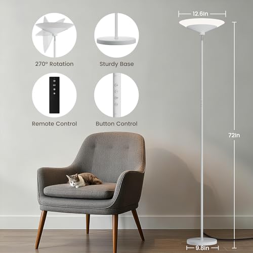 Image of SIBRILLE White Torchiere Floor Lamp - 30W Dimmable LED Standing Lamp with Remote /Button Control, 1800Lm, 3000-6500K, 72in Bright Standing Pole Light for Living Room Bedroom Office Corner