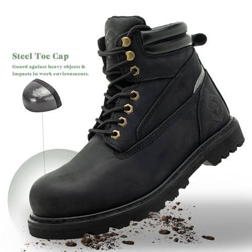 Image of Steel Toe Work Boots for Men 6 Inch Waterproof Non Slip Rubber Comfort Leather Safety Durable Industrial Construction Boots