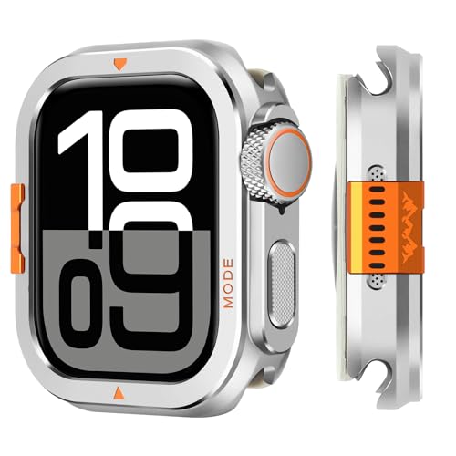 2 in 1 Cover Compatibile con Apple Watch Serie 10 Metallo Custodia Trasformare 46mm in Ultra Look Bumper Robusto con Copertura Posteriore per iWatch 46mm Argento